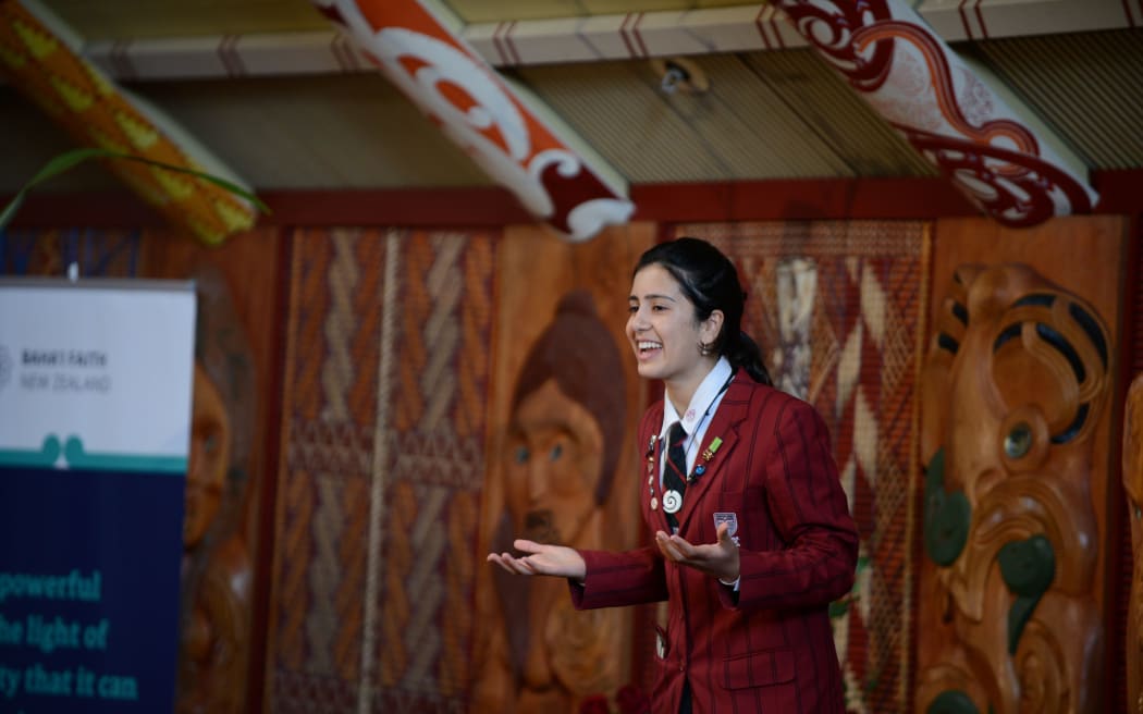 Gargi Vaidya delivering her race unity speech in Auckland