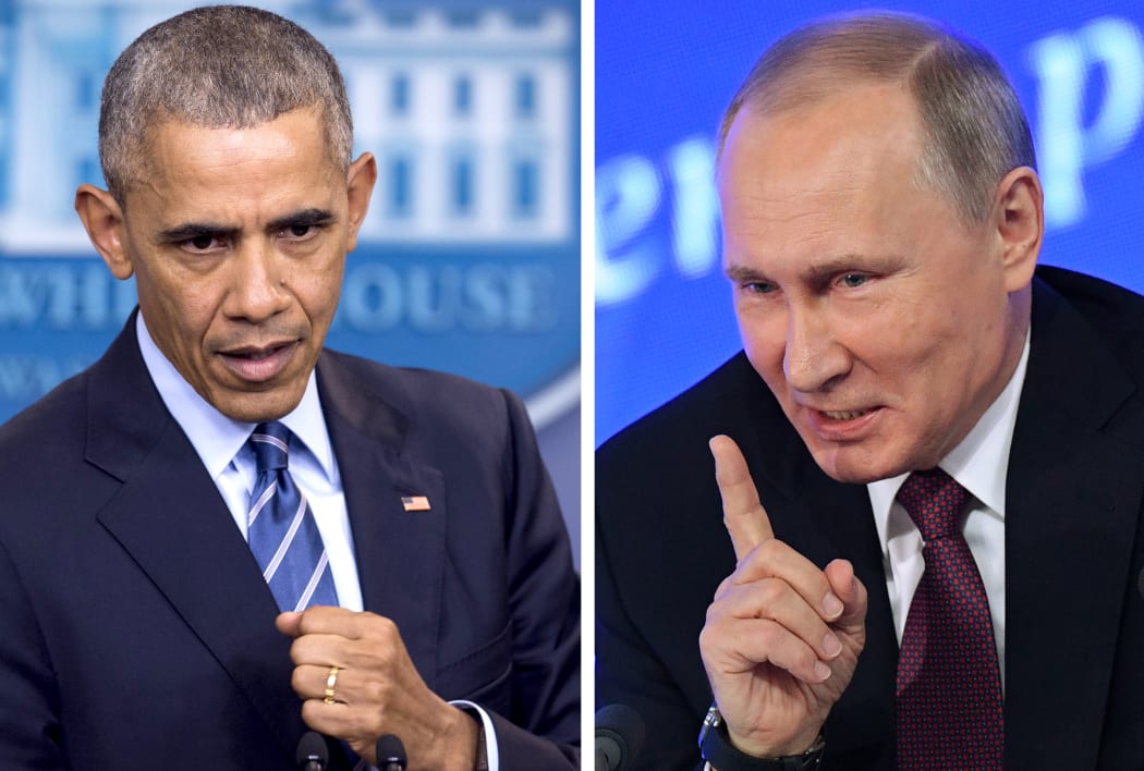 US President Barack Obama speaking at the White House in Washington, DC on December 16, 2016 and Vladimir Putin speaking in Moscow on December 23, 2016.