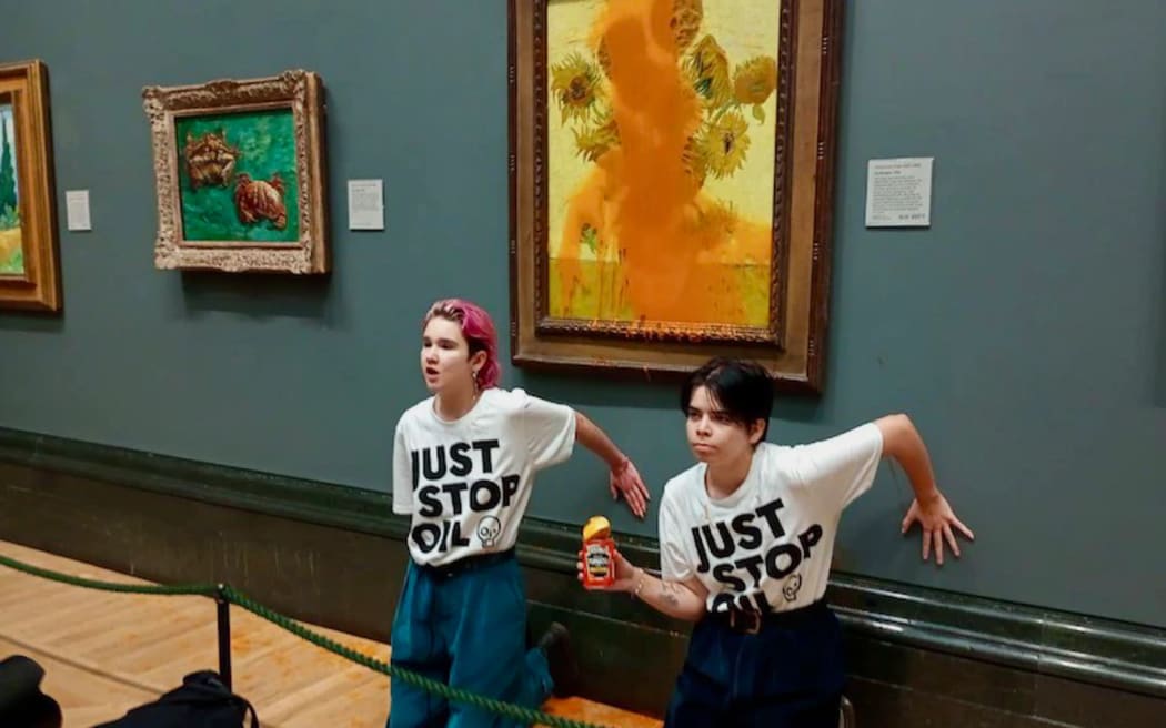 Climate change protesters with the Just Stop Oil group have thrown cans of soup at a Van Gogh painting.