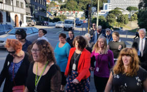 People marching for pay equity for women in Wellington this morning.