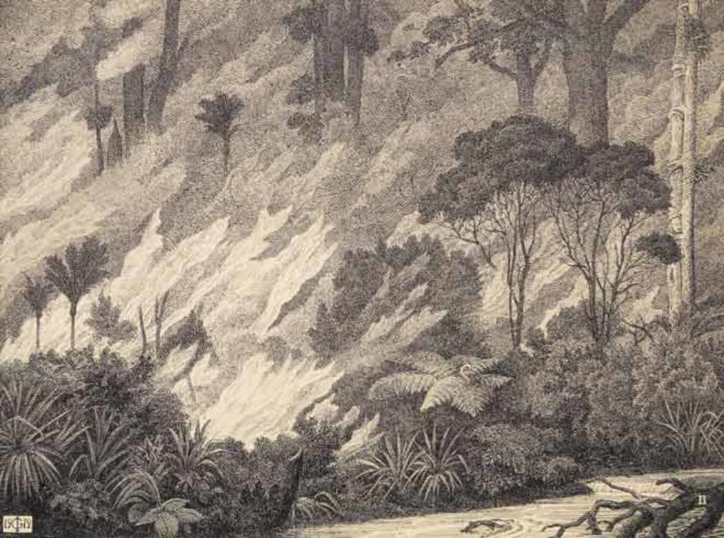 Bush fire: Pen and ink drawing by Julius Geissler