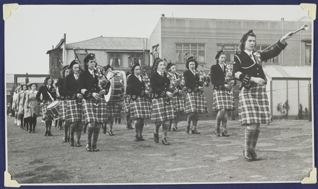 Dunedin Ladies' Scottish Pipe Band performing for the British Sailors’ Society Seamen's Mission Appeal c. 1940s.