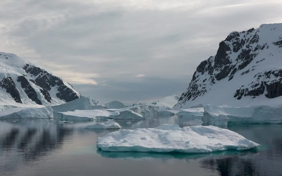 Icebergs. Moving Ice Floes and Ice Sheets in the calm Antarctic Sea, Reflection of Antarctica Mountain in water surface.