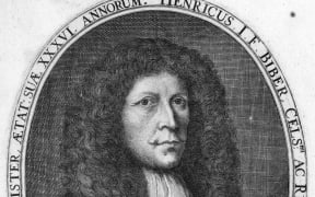 A portrait of the composer Heinrich Biber, engraved by Paulus Seel for Biber's Sonatae Violino solo (1681)