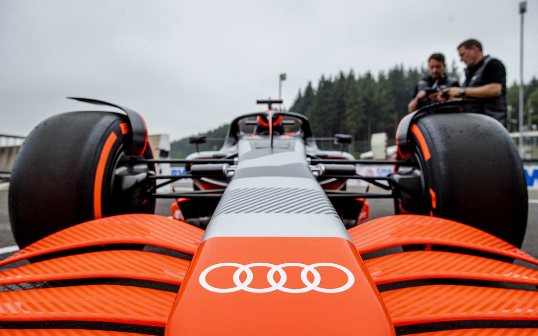 2022-08-26 10:15:09 SPA - A show model Audi Formula 1 car after announcing its participation in F1 in the run-up to the 1st practice session ahead of the F1 Grand Prix of Belgium at the Circuit de Spa-Francorchamps on August 26, 2022 in SPA, Belgium. ANP SEM VAN DER WAL netherlands out - belgium out (Photo by ANP MAG / ANP via AFP)