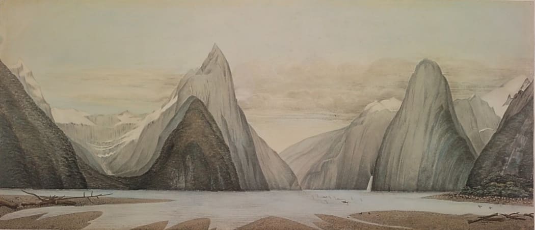 Milford Sound looking north-west from Freshwater Basin, 1863, watercolour on paper By John Buchanan