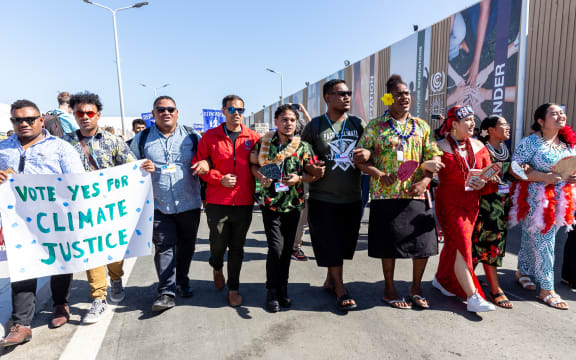 Pacific Islands activists protest demanding climate action and loss and damage reparations at COP27 in Egypt