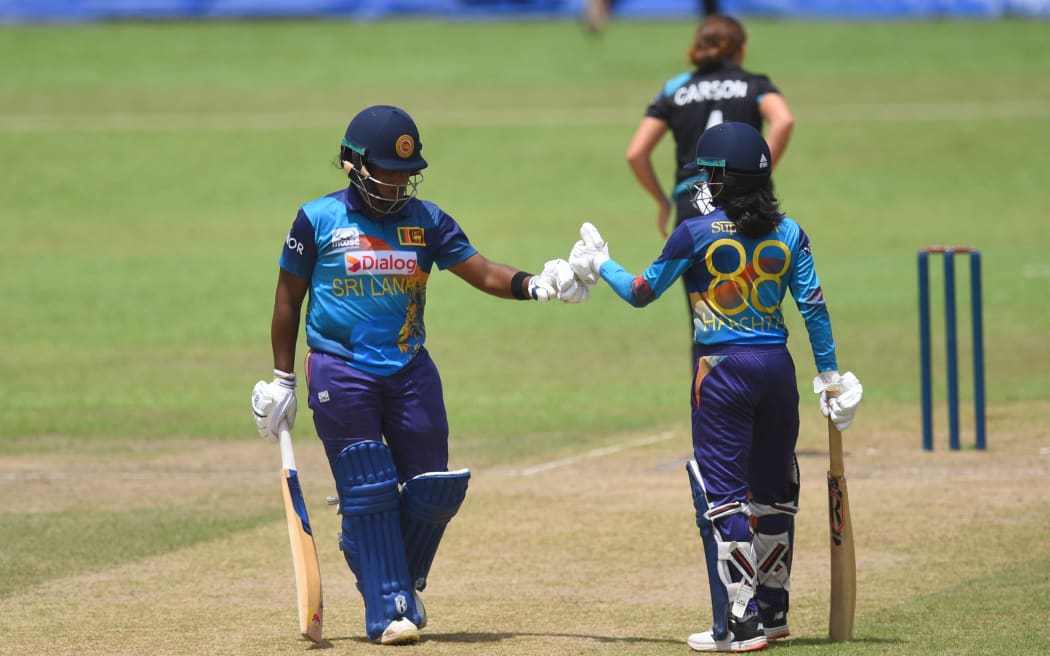 Chamari Athapaththu (L) and Harshitha Samarawickrama (R) of Sri Lanka during the 3rd T20 international against New Zealand. 2023.