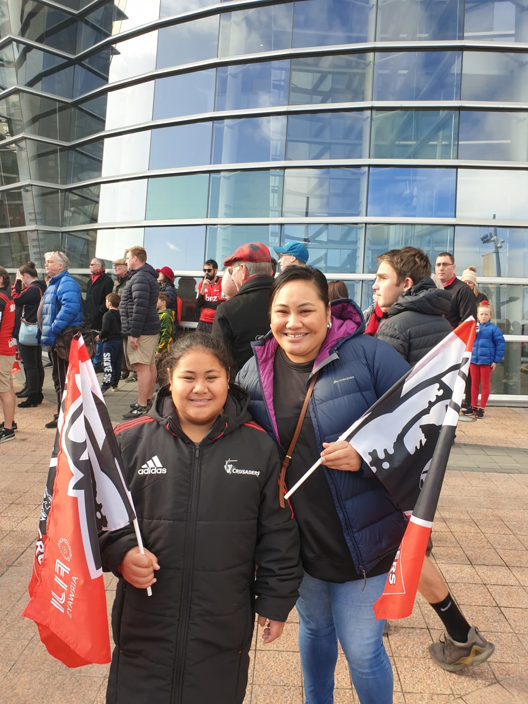 Elisetele Makalio (left) and her older sister Puaga, travelled down from Auckland to watch their brother, Richard Makalio, play for the Crusaders on Saturday.