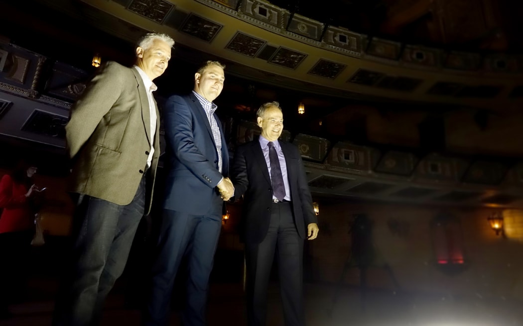 From left, developer Mike Gibbon, Steve Bielby from joint developers Auckland Notable Properties Trust, and Auckland Mayor Len Brown inside the St James Theatre.