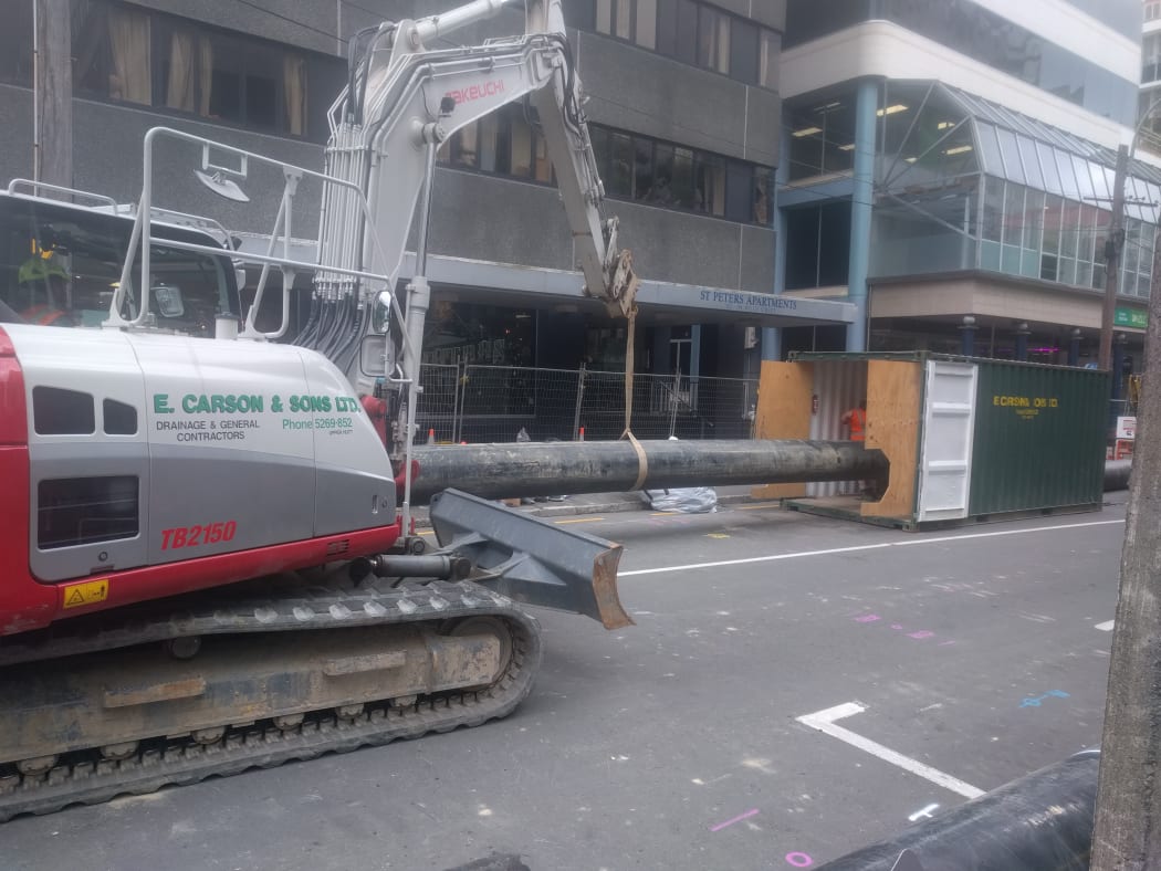 The 600mm pipe for the temporary above-ground sewer in Wellington now extending 160 metres along Willis St.