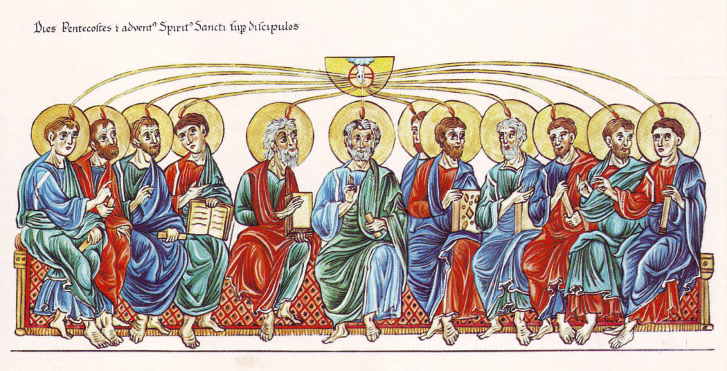 Medieval western illustration of the Pentecost from the Hortus deliciarum of Herrad of Landsberg (12th century)