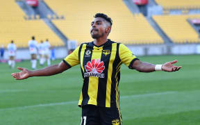 Roy Krishna celebrates his goal against the Newcastle Jets, which made him the club's joint all-time leading scorer.