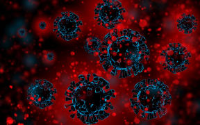Coronavirus molecules. Background with elements coronavirus. Bacteria in human bloodstream. Three-dimensional elements covid-19. Virus molecules in neon light. Background for virus banner. 3d image