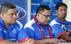Manu Samoa coach Stephen Betham, left, manager Sami Leota, centre, and co-coach Alama Ieremia at the team announcement in Apia