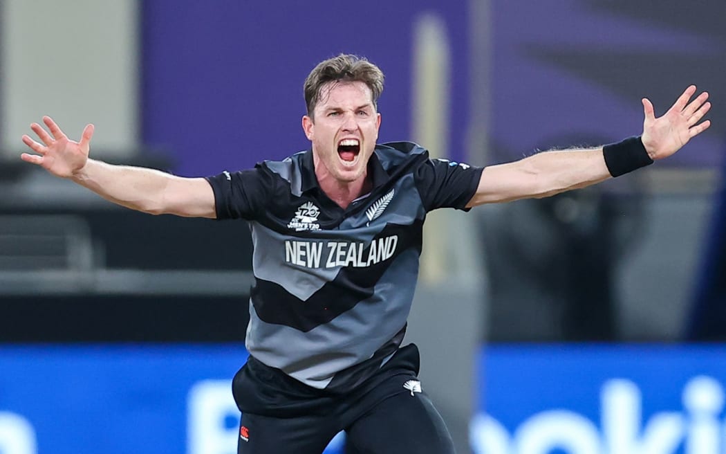Adam Milne of the BlackCaps appeals during the ICC Men's T20 World Cup, 2021.
