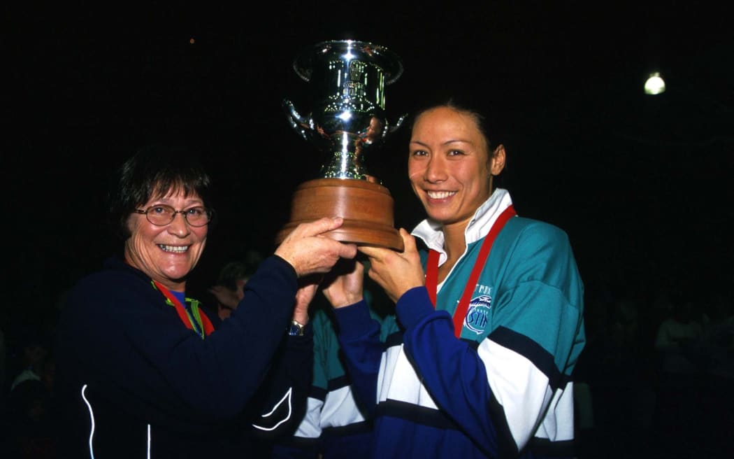 Coach Robyn Broughton and captain Bernice Mene after Southern Sting beat Canterbury Flames in the 2001 Coca Cola Cup domestic netball final.