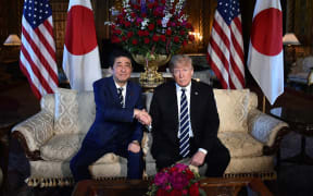 U.S. President Donald Trump (R) and Japans Prime Minister Shinzo Abe hold a summit meeting at Mar-a-Lago in Palm Beach, Florida, U.S.A. on April 17, 2018.  ( The Yomiuri Shimbun )