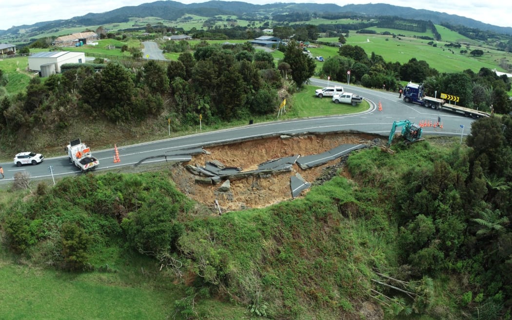 Underslip on Kaiwaka-Mangawhai Road which has done time as a Brynderwyn SH1 closure diversion route
