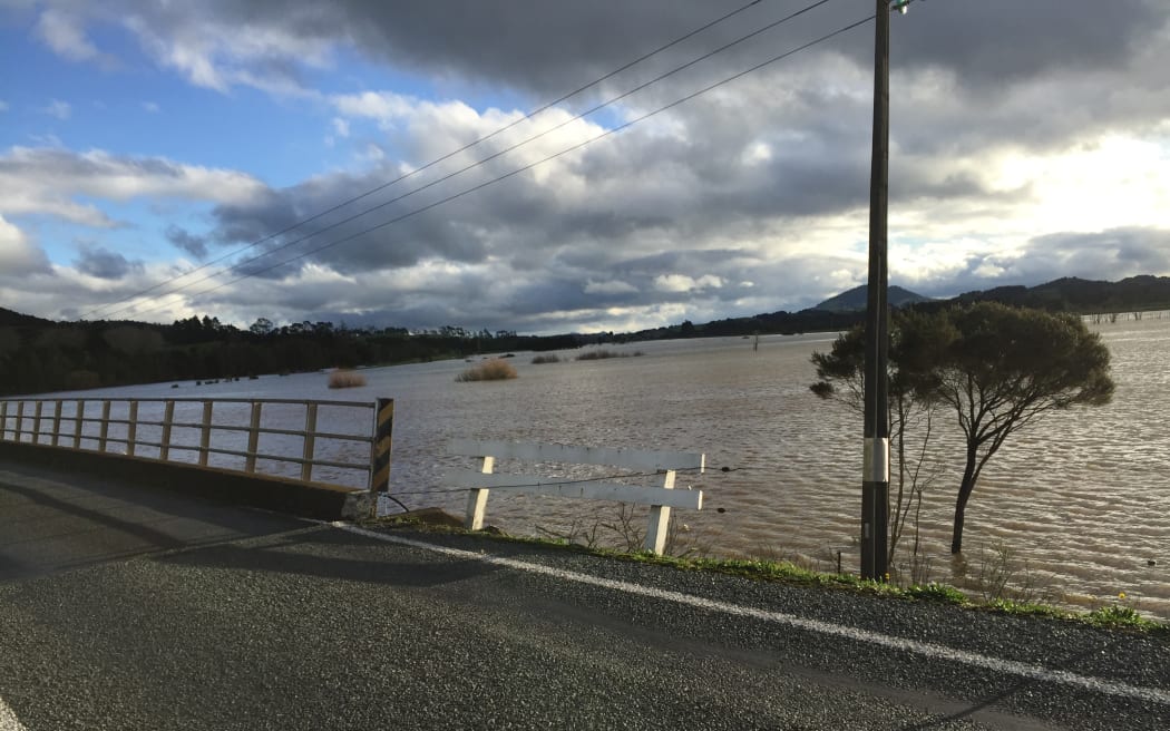 Flooded land seen from Jordan Valley Road, near Hikurangi.