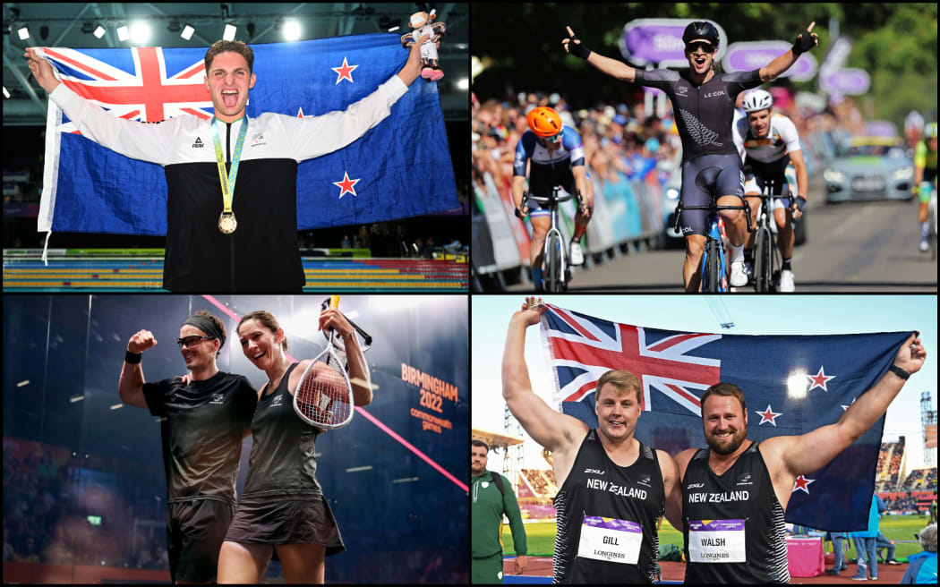 Commonwealth Games 2022 NZ medal winners collage including Lewis Clareburt, Aaron Gate, Paul Coll, Joelle King, Jacko Gill and Tom Walsh.
