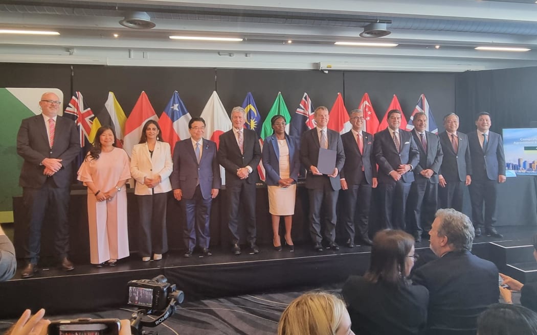 Ministers representing the signatories to the Comprehensive and Progressive Agreement for Trans-Pacific Partnership in Auckland on 16 July 2023.