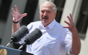 6309569 16.08.2020 Belarusian President Alexander Lukashenko delivers a speech during a rally of his supporters near the Government House in Independence Square in Minsk, Belarus.