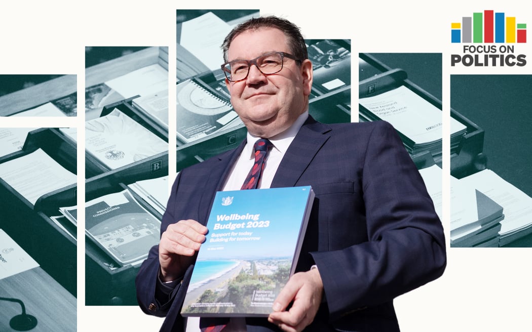 Finance minister Grant Robertson showing the cover of Budget 2023