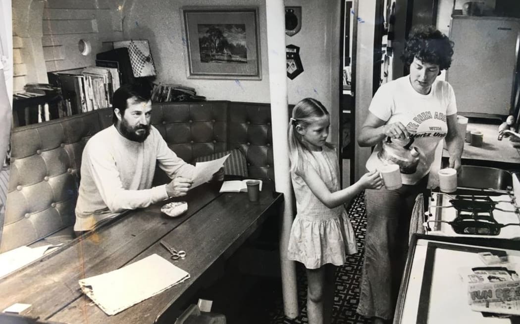 Suzanne Heywood with her parents, getting a cup of tea on board Wavewalker