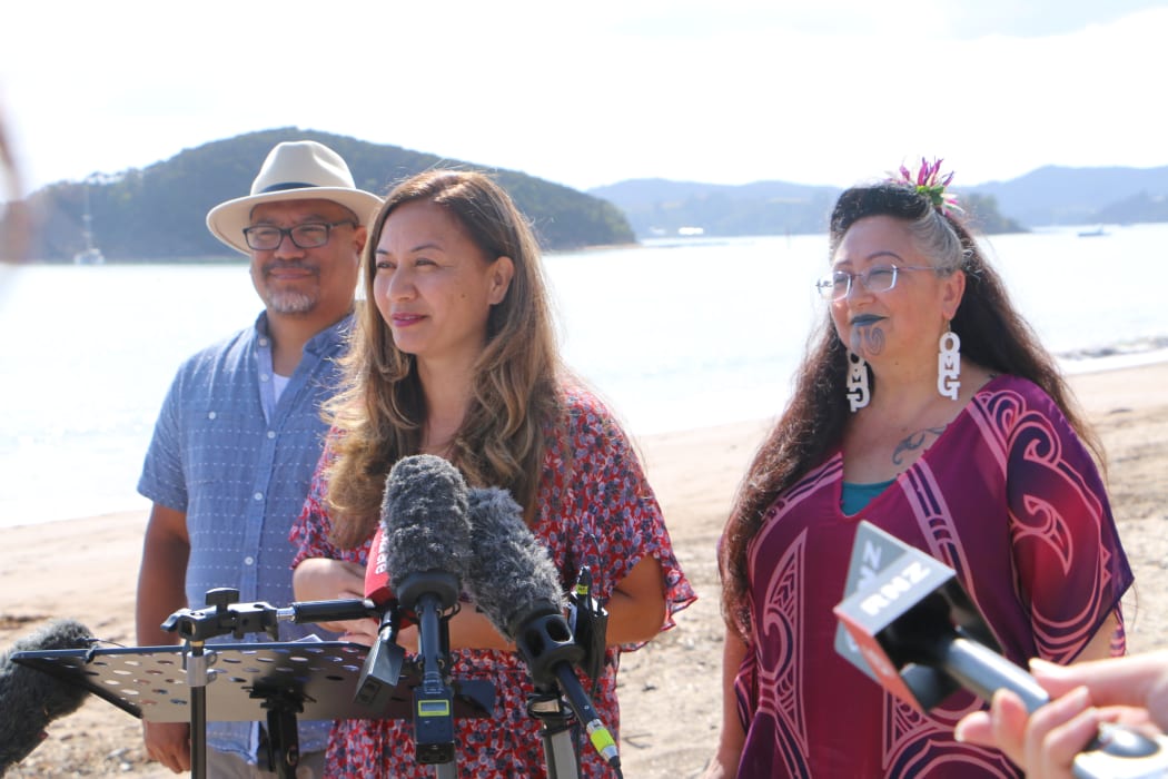 From left, Green Party MP Teanau Tuiono, co-leader Marama Davidson and MP Dr Elizabeth Kerekere at Waitangi 5 February 2021.