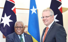 Solomon Islands' Prime Minister Rick Houenipwela and Australian Prime Minister Scott Morrison in Canberra. 14-09-2018