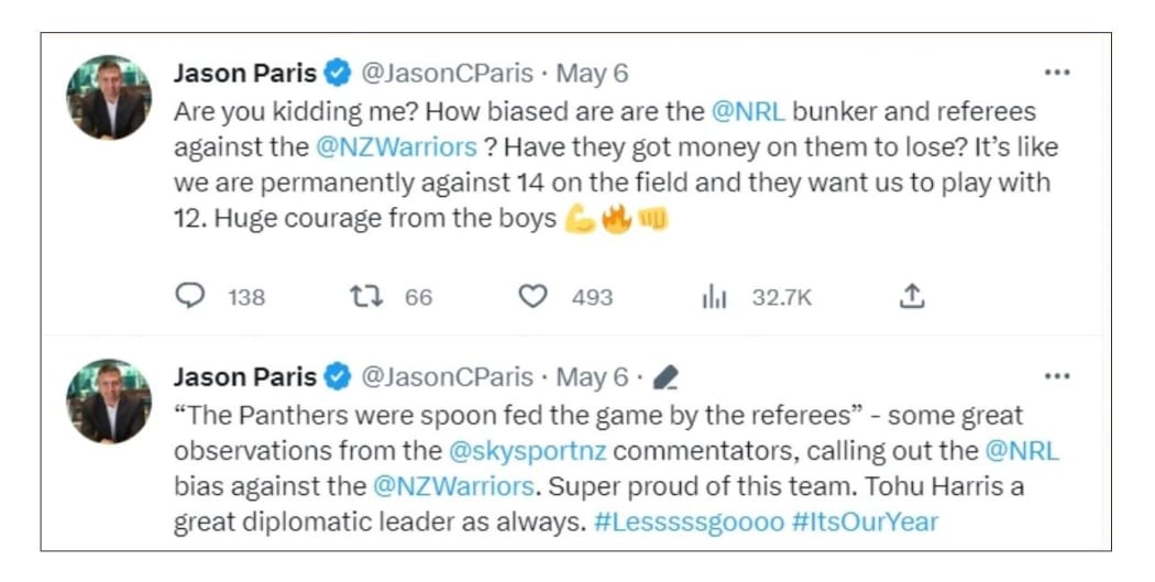 A tweet from One NZ chief executive Jason Paris - the Warriors major corporate sponsor.