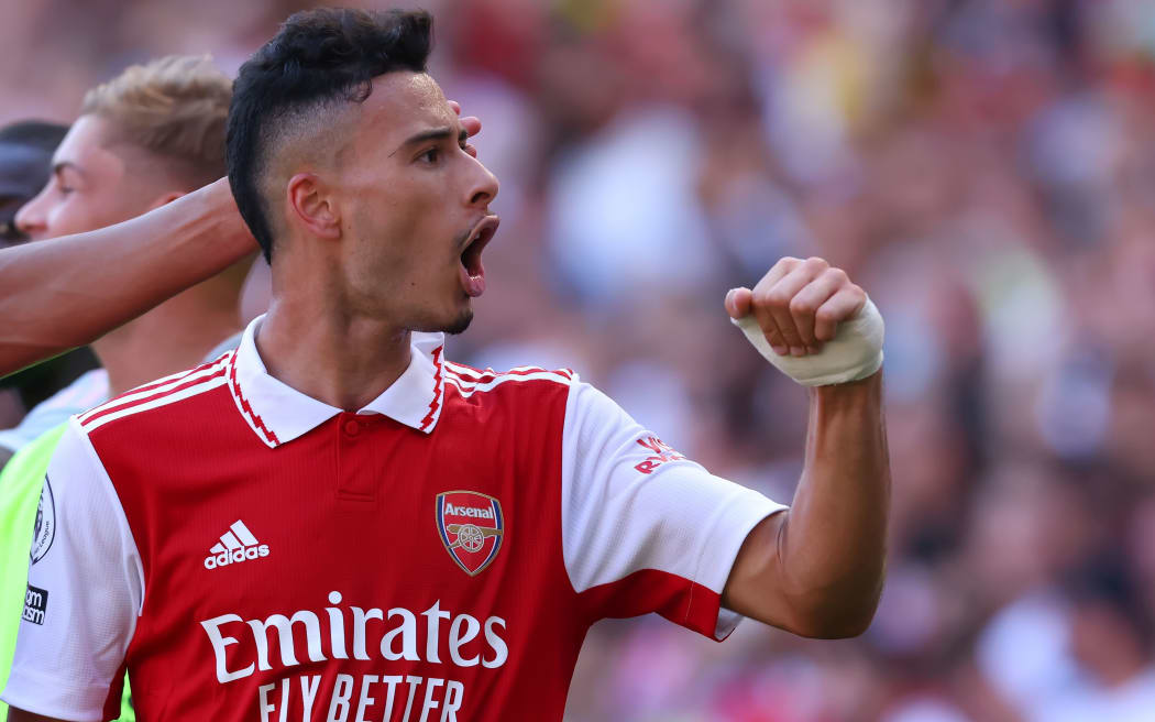 13th August 2022;  Emirates Stadium, London, England; Premier League Football league, Arsenal versus Leicester City ; Gabriel Martinelli of Arsenal celebrates after he scores for 4-2 in the 75th minute