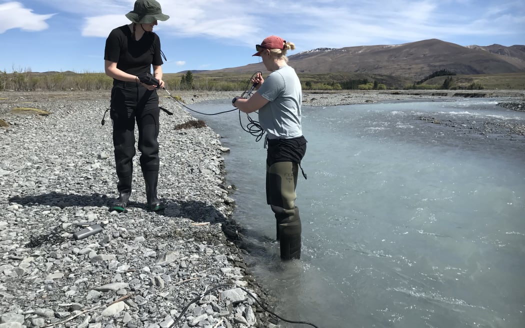 Two women standing on the edge of a braided river channel. One, in black and a wide-brimmed hat, is on the gravel. The other, in waders and a cap, is standing in the shallows. They are holding a device with a cable between them.