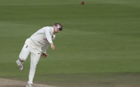 England's Dom Bess bowls on the fourth day of the third Test cricket match between England and Pakistan at the Ageas Bowl in Southampton, southern England on August 24, 2020.