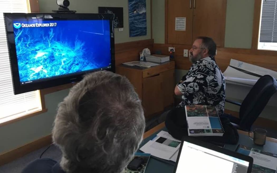 NIWA scientists in Wellington tune into a live feed from the ocean floor north of the Cook Islands as part of an exploratory mission by the NOAA ship Okeanos Explorer, May 2017