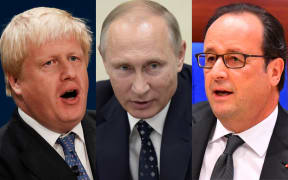 UK Foreign Secretary Boris Johnson, left, has echoed the sentiments of French President Francois Hollande, right, over Russia's actions in Syria. Russian President Vladimir Putin, centre, has denied his country bombed a UN relief envoy in Aleppo.