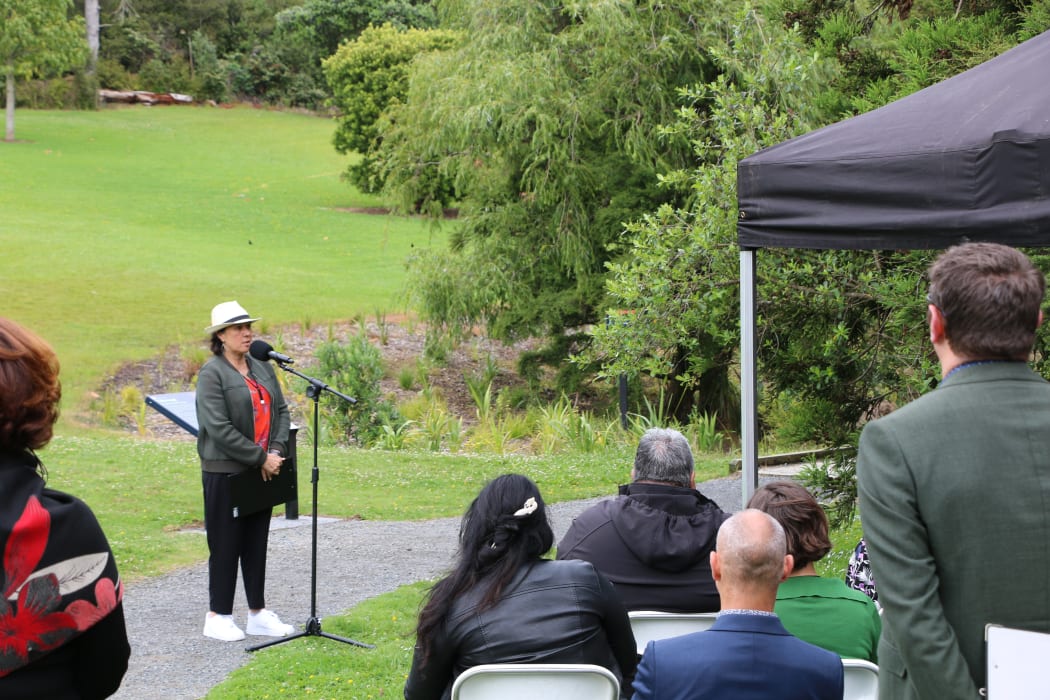 Te Kete Rukuruku programme manager Anahera Higgins at the unveiling of Tahurangi/Crum Park