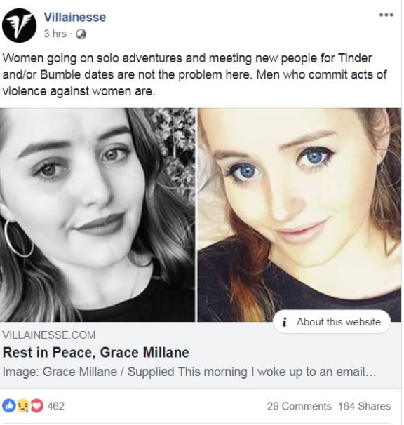 One of many Facebook posts mourning the death of Grace Millane.