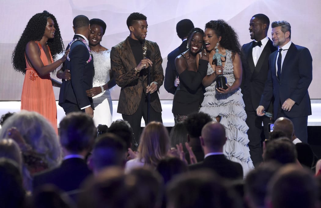 The cast of "Black Panther" accepts the award for outstanding performance by a cast  at the 25th annual Screen Actors Guild Awards on Sunday, Jan. 27, 2019, in Los Angeles.