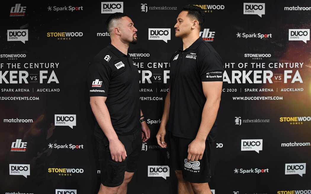 Joseph Parker and Junior Fa face off during a boxing press conference confirming the heavyweight boxing match between Joseph Parker and Junior Fa.