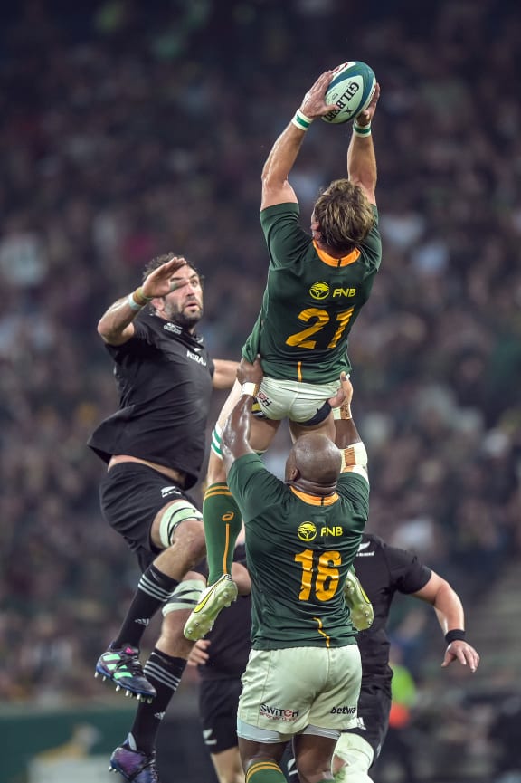 Sam Whitelock of New Zealand and Kwagga Smithv of South Africa during the New Zealand All Blacks v South Africa Springboks test 2022.