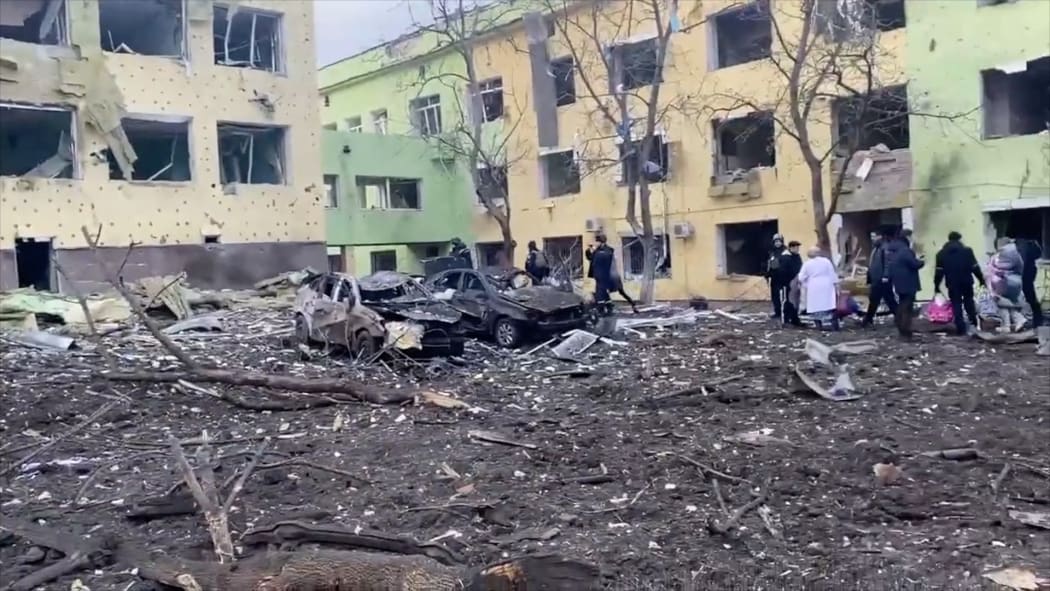An image from footage released by the Ukraine Armed Forces on 9 March 9 2022 of what appeared to be destruction at a children's hospital in Mariupol, which Ukraine said had been bombed by the Russian military.