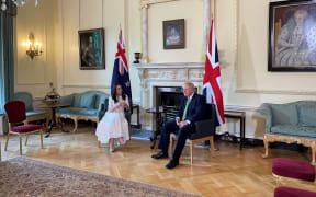 New Zealand Prime Minister Jacinda Ardern and British Prime Minister Boris Johnson at a meeting at 10 Downing Street on 1 July 2022.
