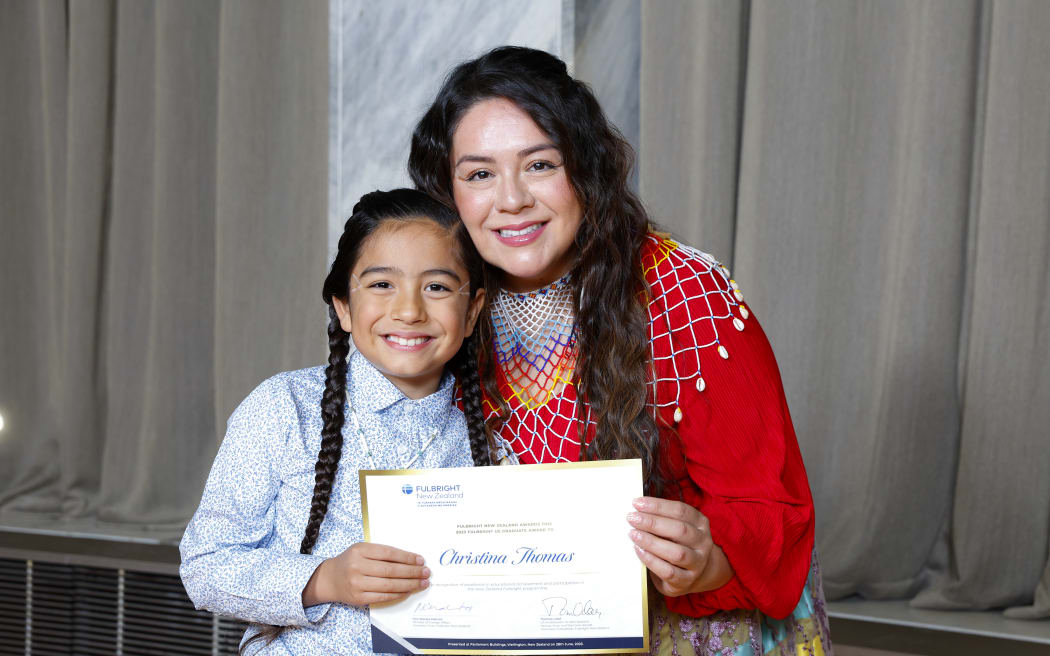 Christina Dawa Kutsmana Thomas and son Jace Naki’e at Fulbright New Zealand Mid Year Awards Ceremony, Parliament, Wellington, Wednesday 28 June 2023.