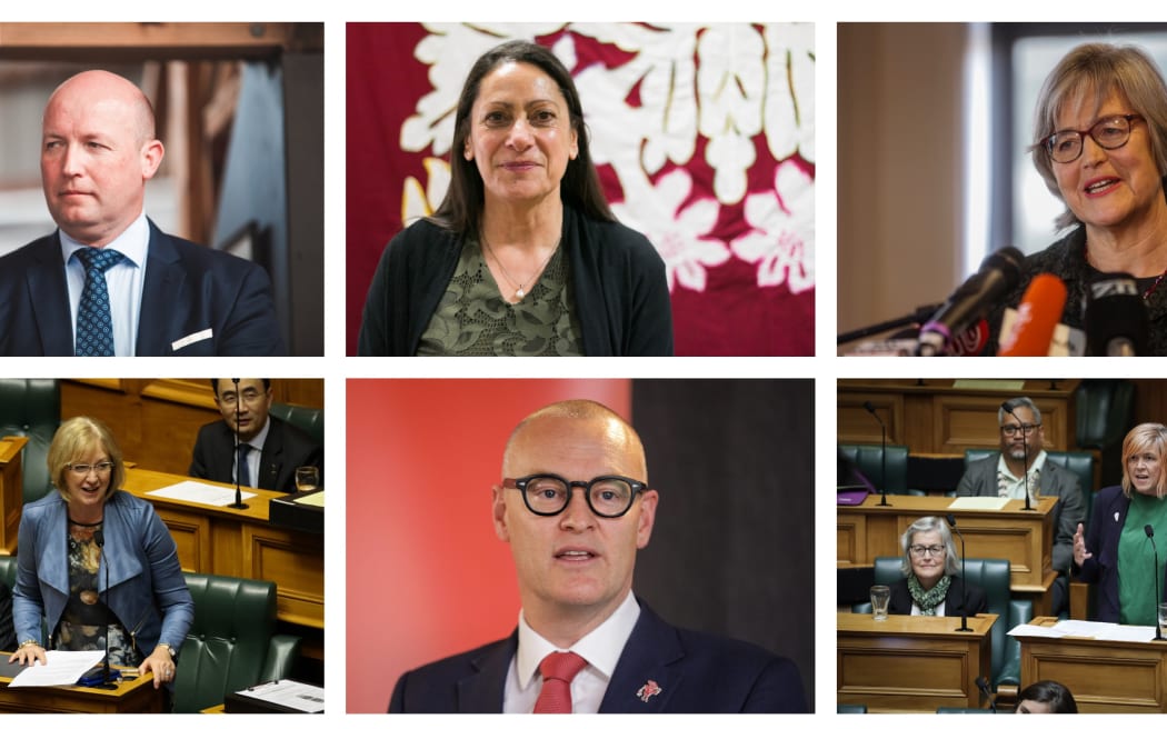 Députés quittant le Parlement en 2023 (dans le sens des aiguilles d'une montre à partir du haut à gauche), de David Bennett du National, Botto Williams du Labour, la députée verte Eugenie Sage, la députée verte Jan Logie, David Clarke du Labour et Jackie Dean du National.