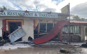 This coastal restaurant at Aroa Beach on Rarotonga's ring road was badly damaged in the storm.