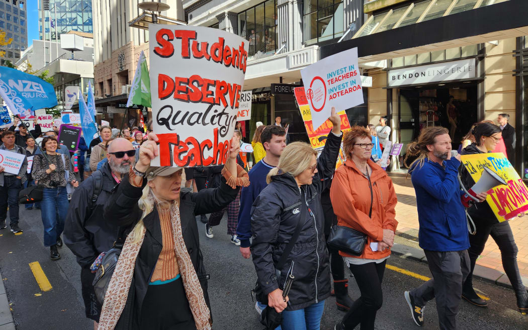 Striking teachers march through Wellington on May 10, 2023.