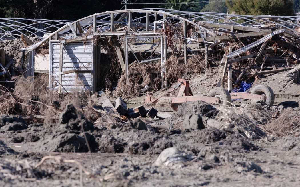 A shed in Esk Valley is filled with silt and debris from Cyclone Gabrielle
