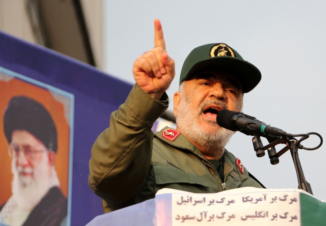 Iranian Revolutionary Guards commander Major General Hossein Salami speaks during a pro-government rally in the capital Tehran's central Enghelab Square on November 25, 2019.